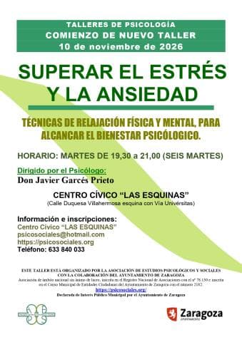 Taller de Psicología: Superar el estrés y la ansiedad y alcanzar y alcanzar el bienestar. Técnicas de relajación física y mental