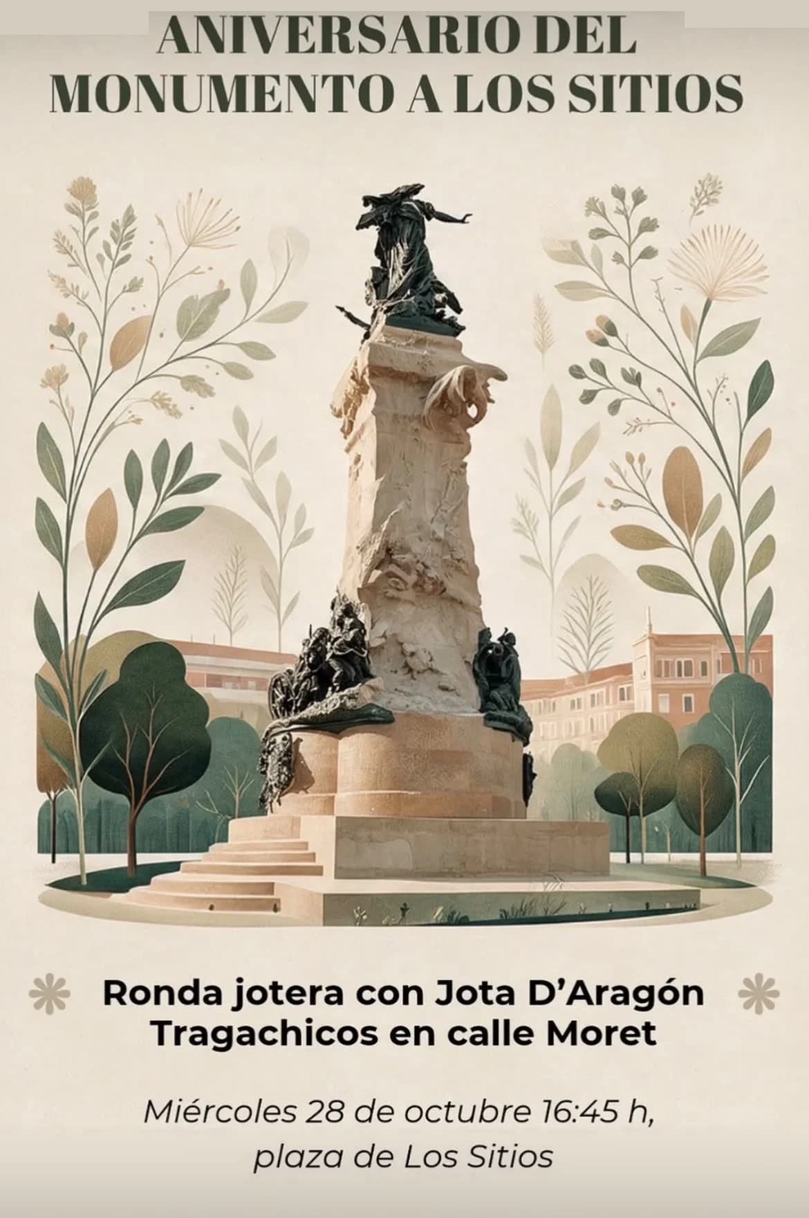 Cartel ilustrado del aniversario del Monumento a los Sitios, con la escultura entre árboles y plantas